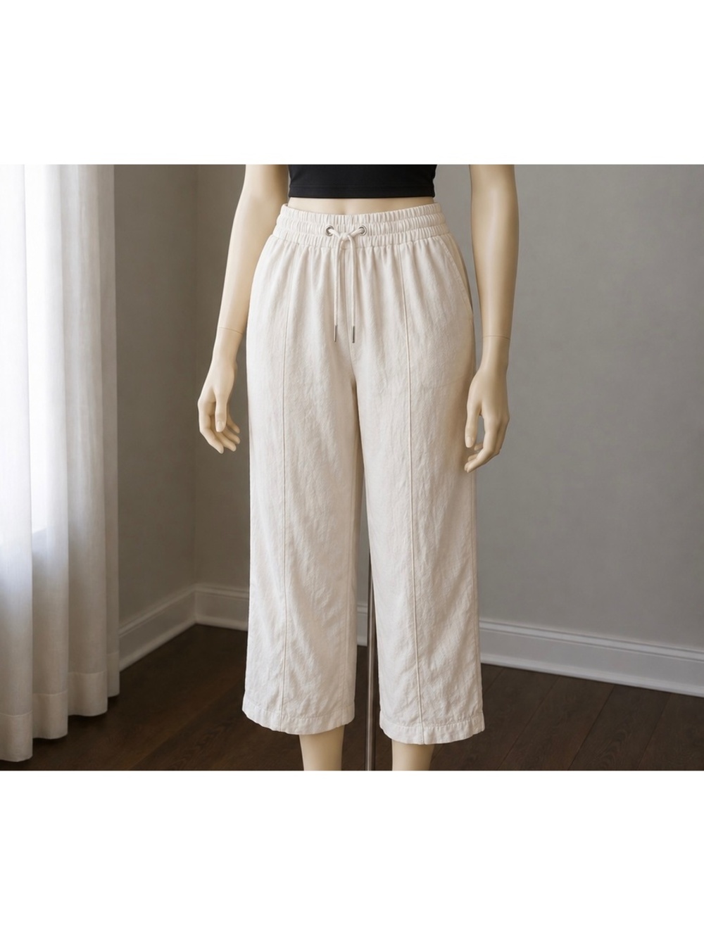 Anne Klein Pants Womens Large Cream Linen Blend Wide Leg Cropped Drawstring
